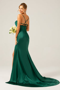 Mørkegrønn havfrue spaghetti stropper sateng lang brudepike kjole med plissert