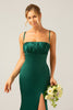Load image into Gallery viewer, Mørkegrønn havfrue spaghetti stropper sateng lang brudepike kjole med plissert