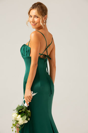 Mørkegrønn havfrue spaghetti stropper sateng lang brudepike kjole med plissert