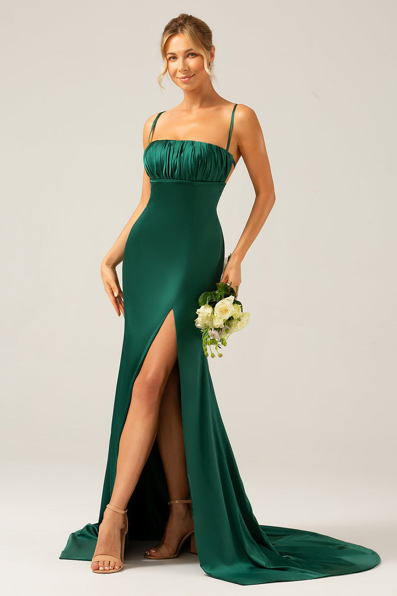 Load image into Gallery viewer, Mørkegrønn havfrue spaghetti stropper sateng lang brudepike kjole med plissert
