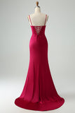 Burgund Mermaid Spaghetti stropper Long Corset Prom Dress med Slit