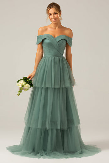 Grå grønn tyll En linje av skulderen lagdelt brudepike kjole