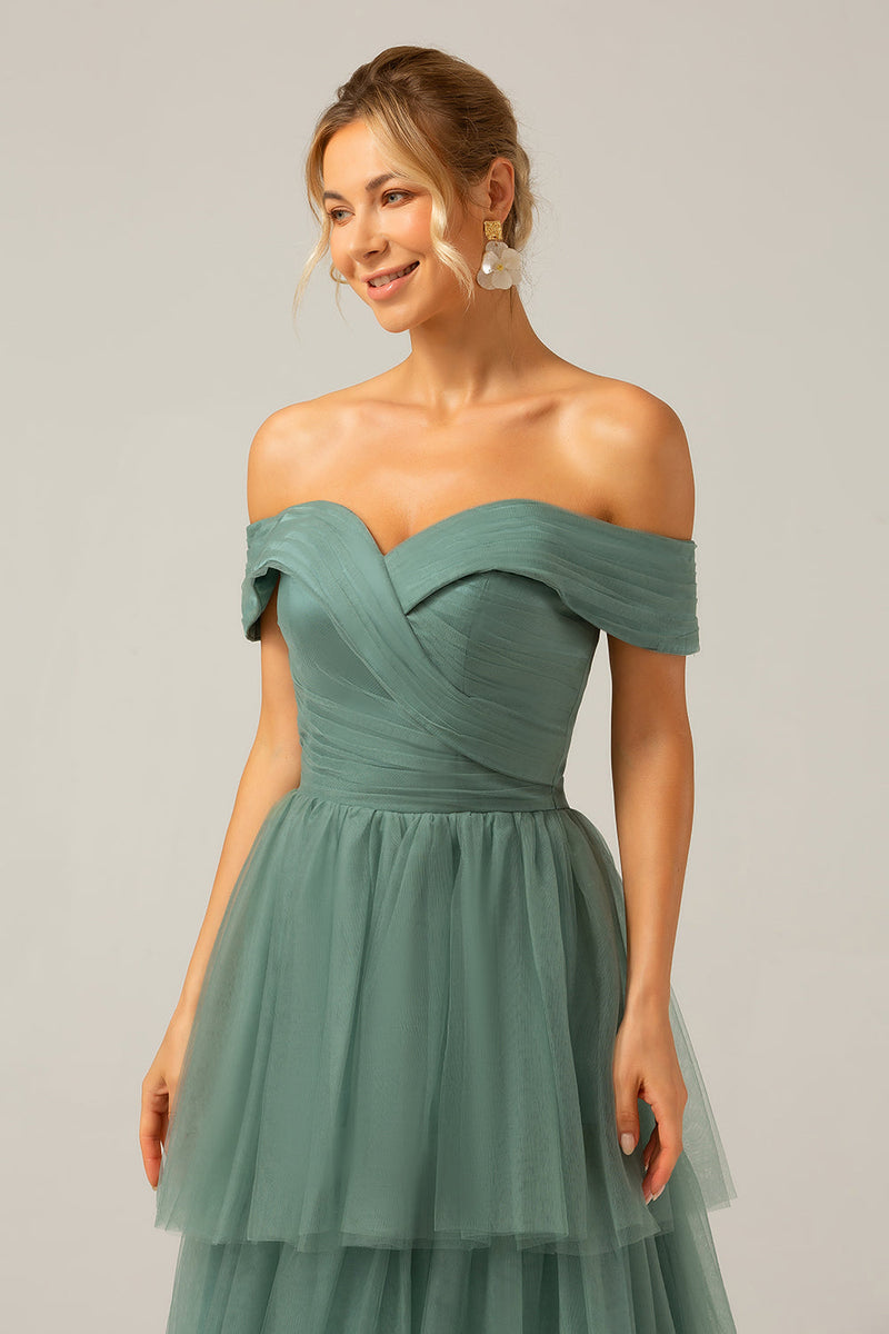 Load image into Gallery viewer, Grå grønn tyll En linje av skulderen lagdelt brudepike kjole