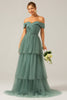 Load image into Gallery viewer, Grå grønn tyll En linje av skulderen lagdelt brudepike kjole