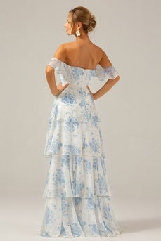 Hvit blå blomstrete Boho Chiffon Ruffled Long brudepike kjole