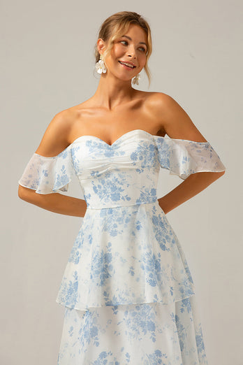 Hvit blå blomstrete Boho Chiffon Ruffled Long brudepike kjole