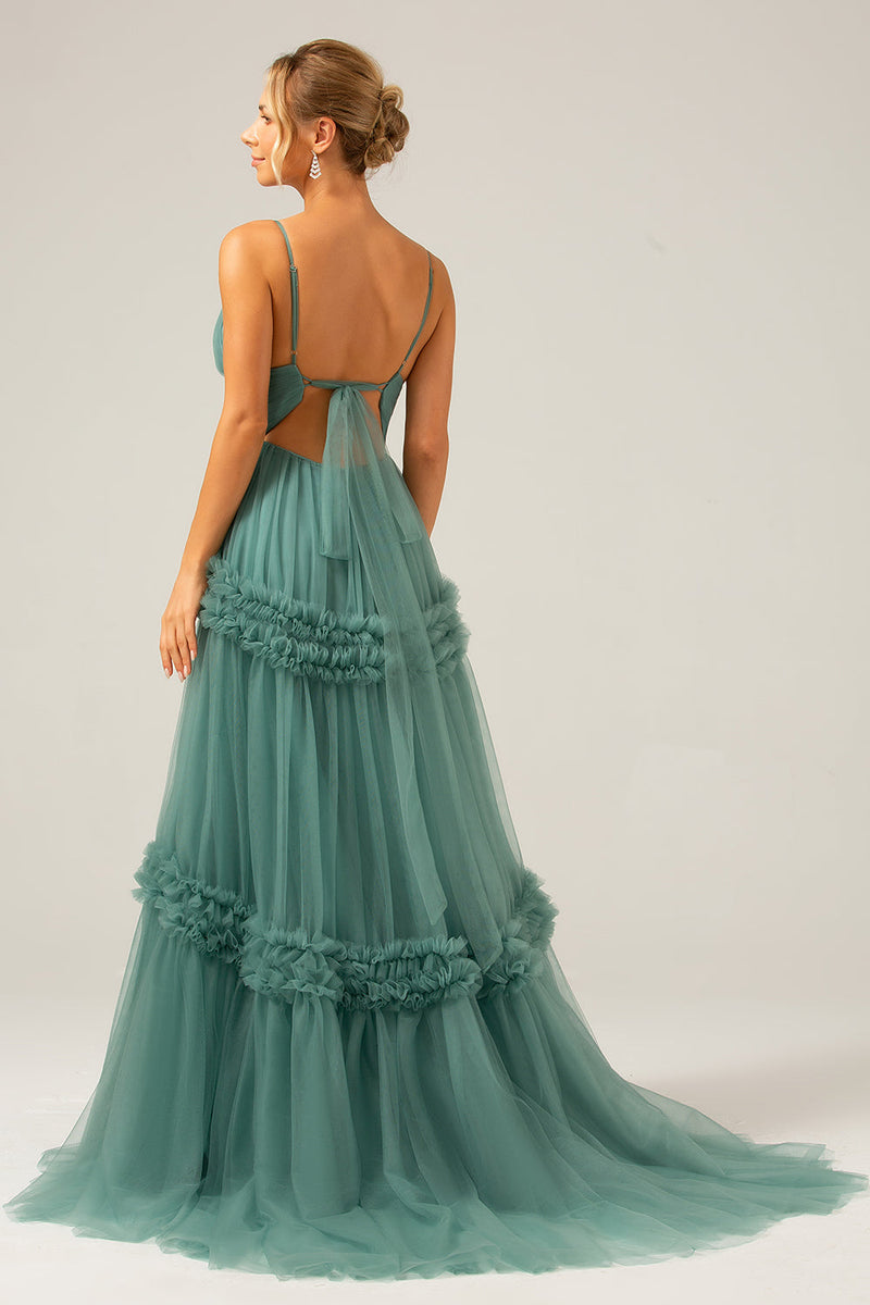 Load image into Gallery viewer, Grønn tyll A Line Spaghetti stropper Long brudepike kjole med volanger
