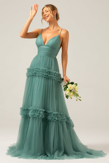 Grønn tyll A Line Spaghetti stropper Long brudepike kjole med volanger