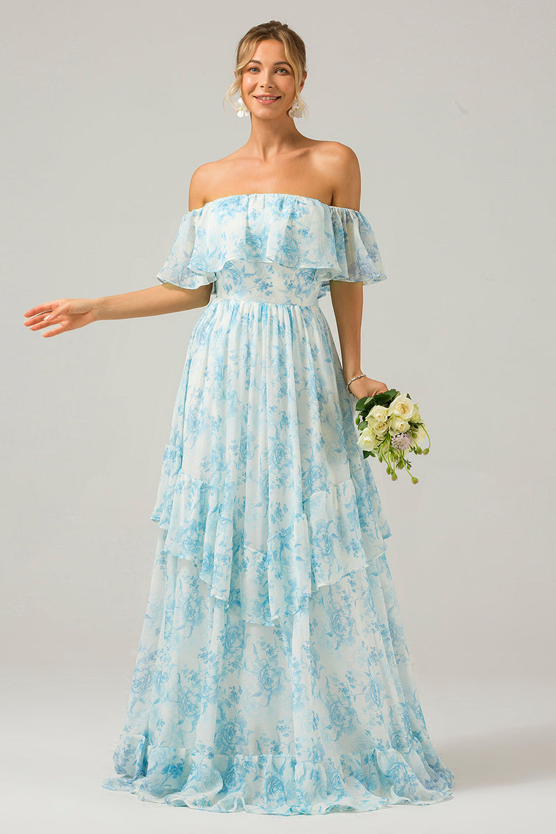 Load image into Gallery viewer, Hvit blå blomster av skulderen Boho Long brudepike kjole med volanger