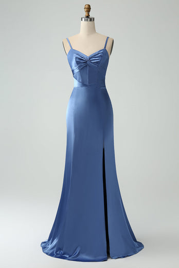 Grå blå havfrue spaghetti stropper korsett lang sateng brudepike kjole med spalte