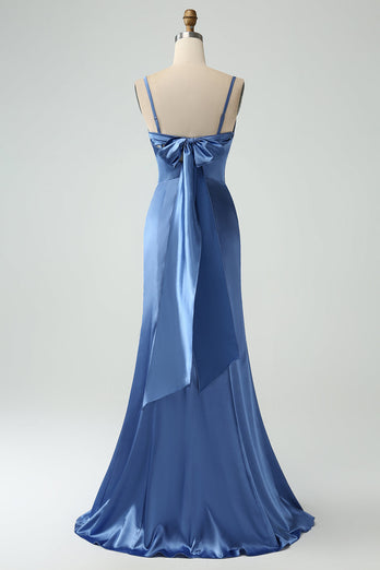 Grå blå havfrue spaghetti stropper lang sateng brudepike kjole med spalt