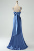 Load image into Gallery viewer, Grå blå havfrue spaghetti stropper korsett lang sateng brudepike kjole med spalte