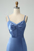 Load image into Gallery viewer, Grå blå havfrue spaghetti stropper lang sateng brudepike kjole med spalt