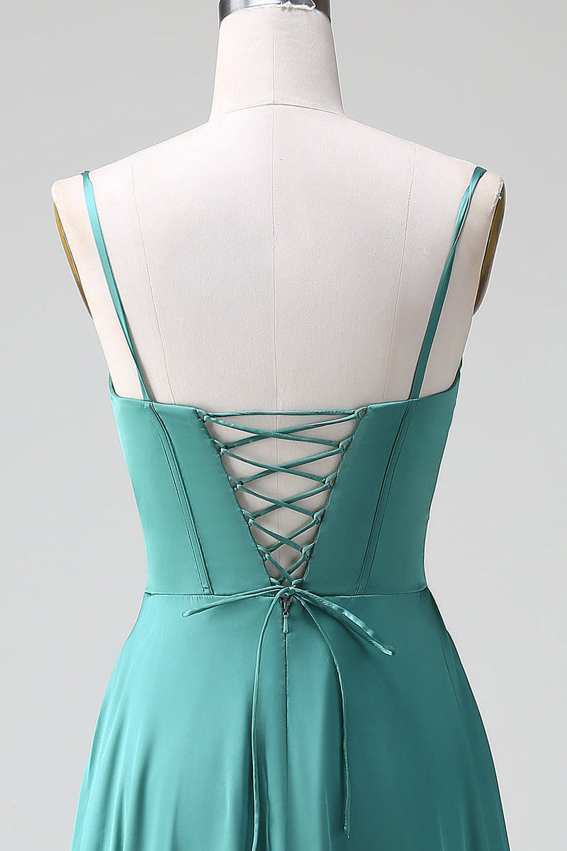 Load image into Gallery viewer, Eukalyptus A Line Spaghetti stropper Korsett plissert Satin brudepike kjole