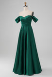 Dark Green Off the Shouder A Line Satin Long brudepike kjole