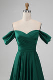 Dark Green Off the Shouder A Line Satin Long brudepike kjole