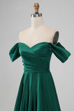 Dark Green Off the Shouder A Line Satin Long brudepike kjole