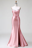 Blush Mermaid Spaghetti stropper Satin Prom Kjole med Slit