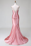 Blush Mermaid Spaghetti stropper Satin Prom Kjole med Slit