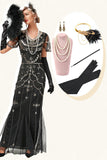 Svart Beaded Long Flapper Dress med 1920-tallet tilbehør sett