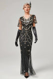 Svart Beaded Long Flapper Dress med 1920-tallet tilbehør sett