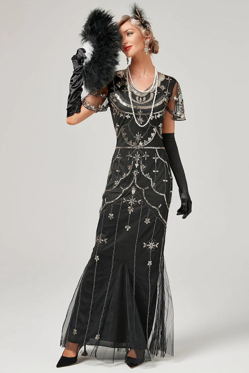 Load image into Gallery viewer, Svart Beaded Long Flapper Dress med 1920-tallet tilbehør sett