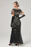 Svart Beaded Long Flapper Dress med 1920-tallet tilbehør sett