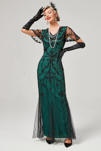 Green Beaded Long Flapper Dress med 1920-tallet tilbehør sett