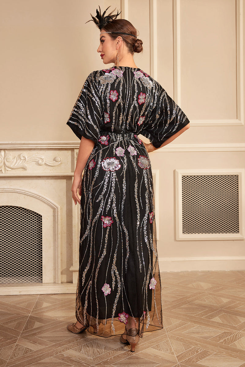Load image into Gallery viewer, Sparkly Black Flower Oversized Long 1920-tallet kjole med tilbehør sett