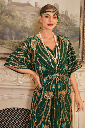 Sparkly Dark Green Blomster paljetter Long 1920-tallet kjole med tilbehør sett