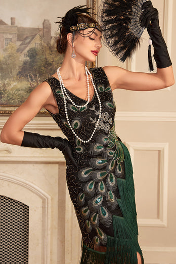 Mørkegrønne paljetter frynset kjole fra 1920-tallet med tilbehørssett