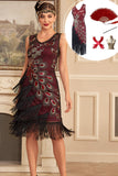 Sparkly Burgundy Fringed Sequins 1920-tallet kjole med tilbehør sett