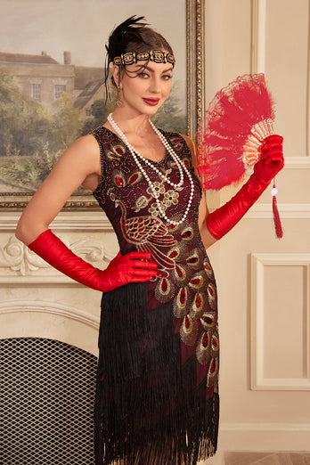 Sparkly Burgundy Fringed Sequins 1920-tallet kjole med tilbehør sett