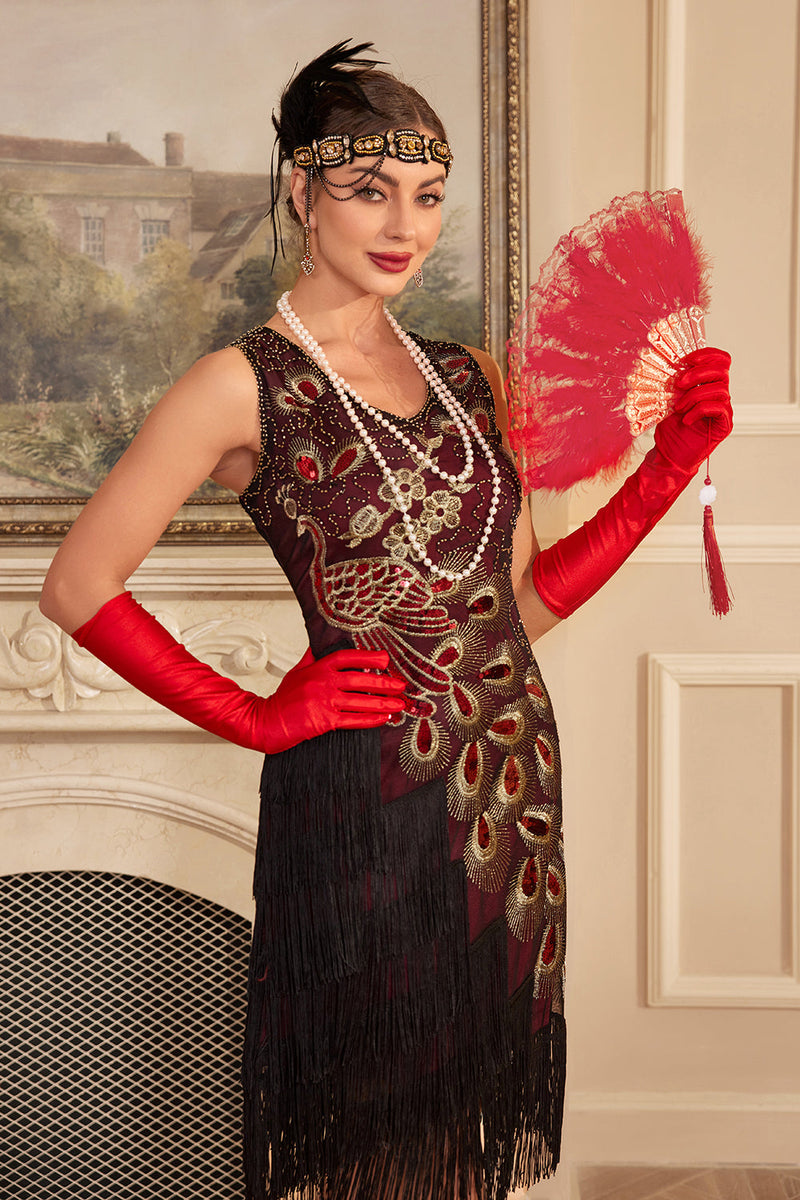 Load image into Gallery viewer, Sparkly Burgundy Fringed Sequins 1920-tallet kjole med tilbehør sett