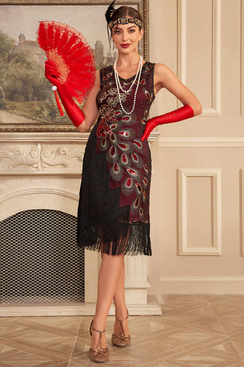 Sparkly Burgundy Fringed Sequins 1920-tallet kjole med tilbehør sett