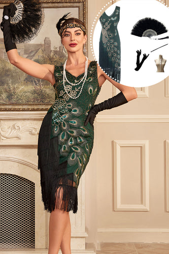 Sparkly Dark Green Fringed Beaded 1920-tallet kjole med tilbehør sett