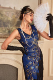 Glitrende Royal Blue Fringed Beaded 1920-tallskjole med tilbehørssett