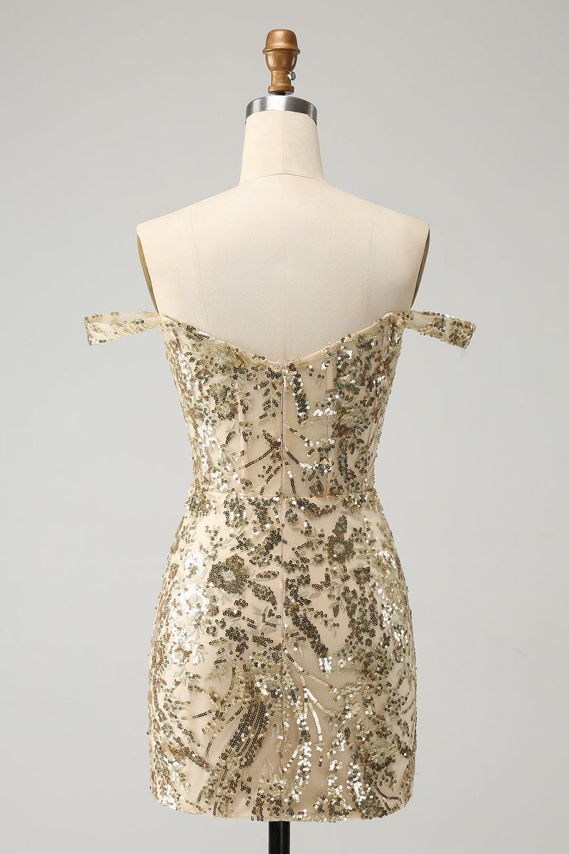 Load image into Gallery viewer, Sparkly Bodycon Golden Off The Shoulder Homecoming kjole med paljetter
