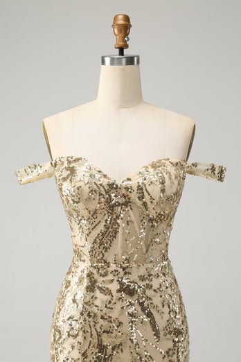 Sparkly Bodycon Golden Off The Shoulder Homecoming kjole med paljetter