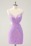 Glitter Purple Tight Sequined V Neck Kort Homecoming Dress