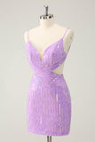 Glitter Purple Tight Sequined V Neck Kort Homecoming Dress