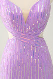 Glitter Purple Tight Sequined V Neck Kort Homecoming Dress