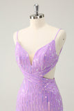 Glitter Purple Tight Sequined V Neck Kort Homecoming Dress