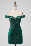 Sparkly Dark Green Off The Shoulder Tight Short Homecoming Dress med paljetter