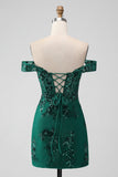 Sparkly Dark Green Off The Shoulder Tight Short Homecoming Dress med paljetter