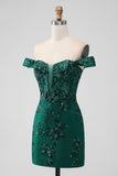 Sparkly Dark Green Off The Shoulder Tight Short Homecoming Dress med paljetter