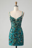 Sparkly Dark Green Beaded Sequins Bodycon Homecoming Dress med snørerygg