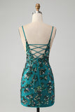 Sparkly Dark Green Beaded Sequins Bodycon Homecoming Dress med snørerygg