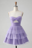 Cute Purple A Line Spaghetti stropper Tylle Tiered Short Homecoming Dress