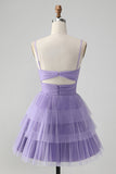 Cute Purple A Line Spaghetti stropper Tylle Tiered Short Homecoming Dress